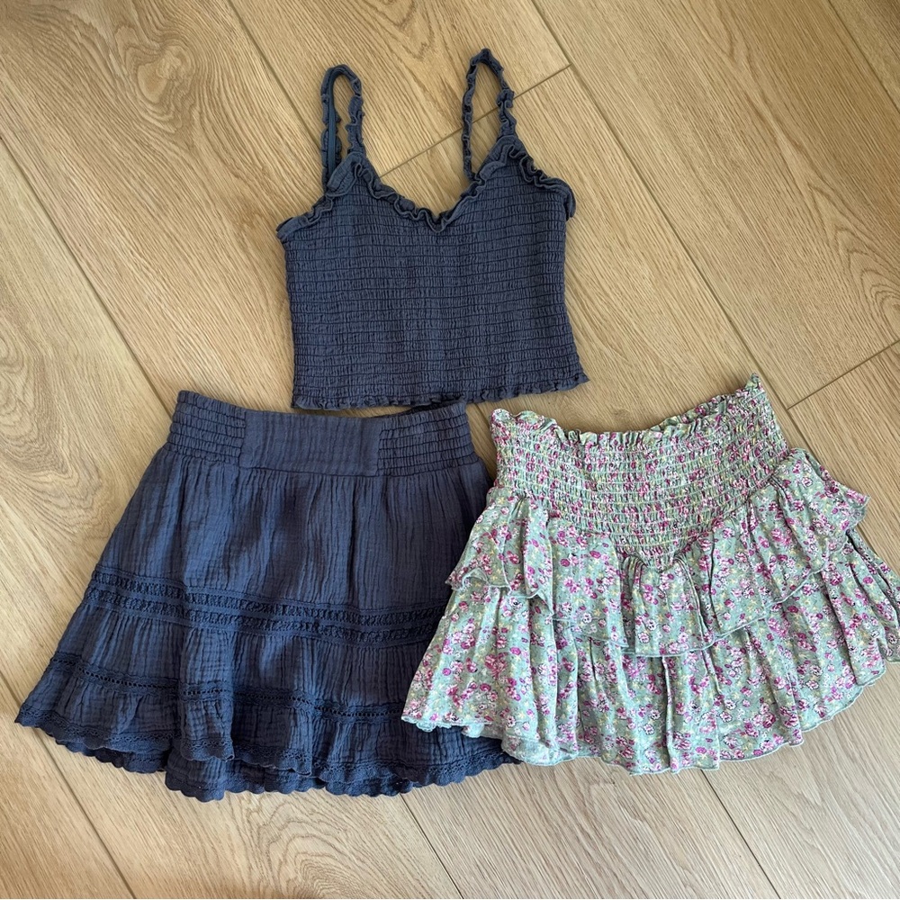 VGUC Katie J NYC Blue Gauze Smocked Tank + Skirt Set + Floral Mini Skirt